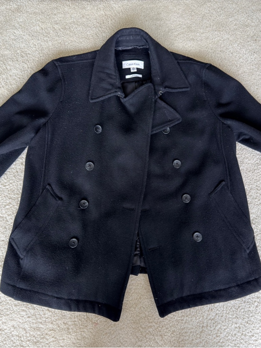 Calvin Klein Black Double-Breasted Peacoat with Stand Collar
